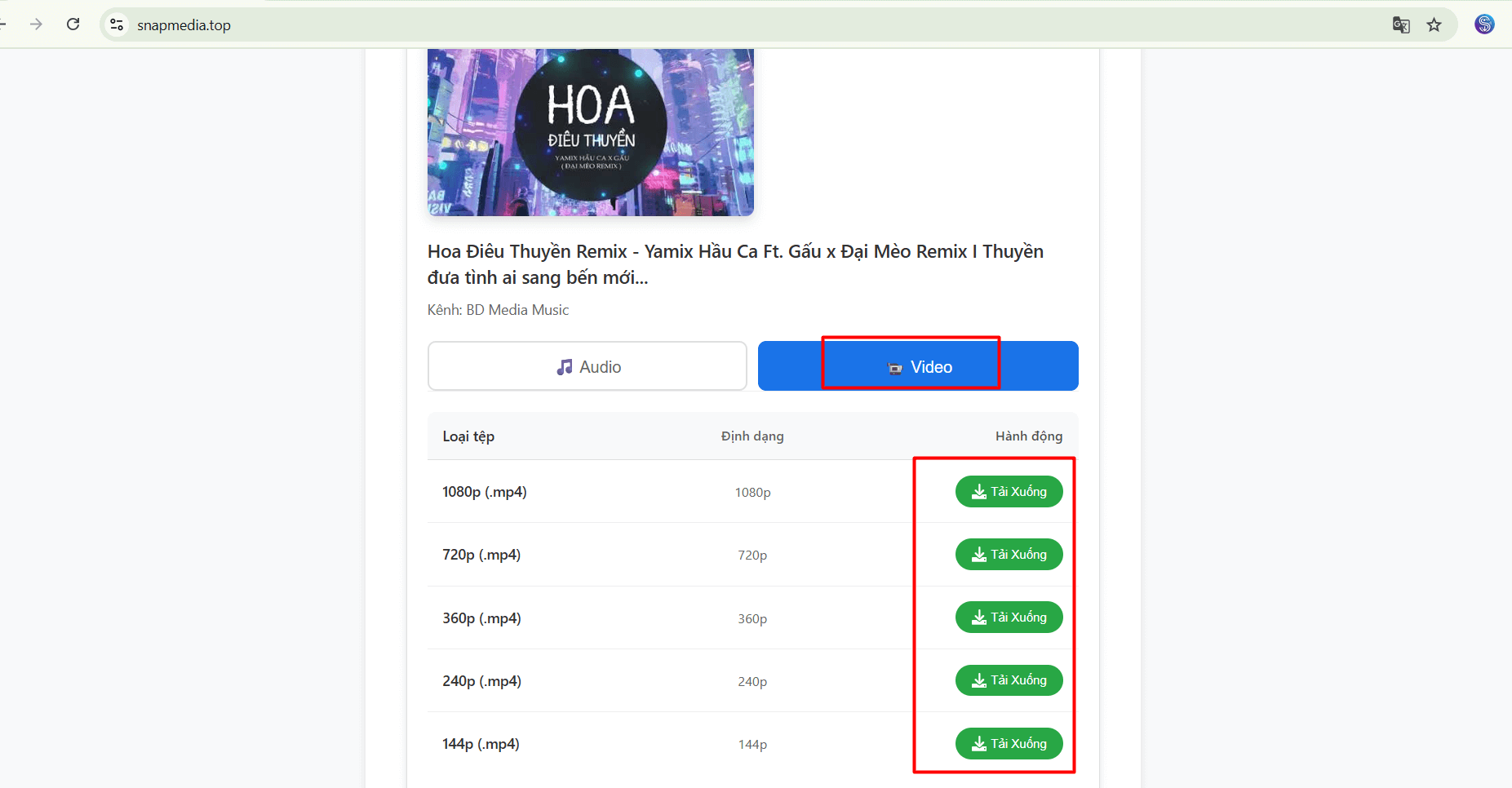 Chọn chất lượng video cần tải xuống