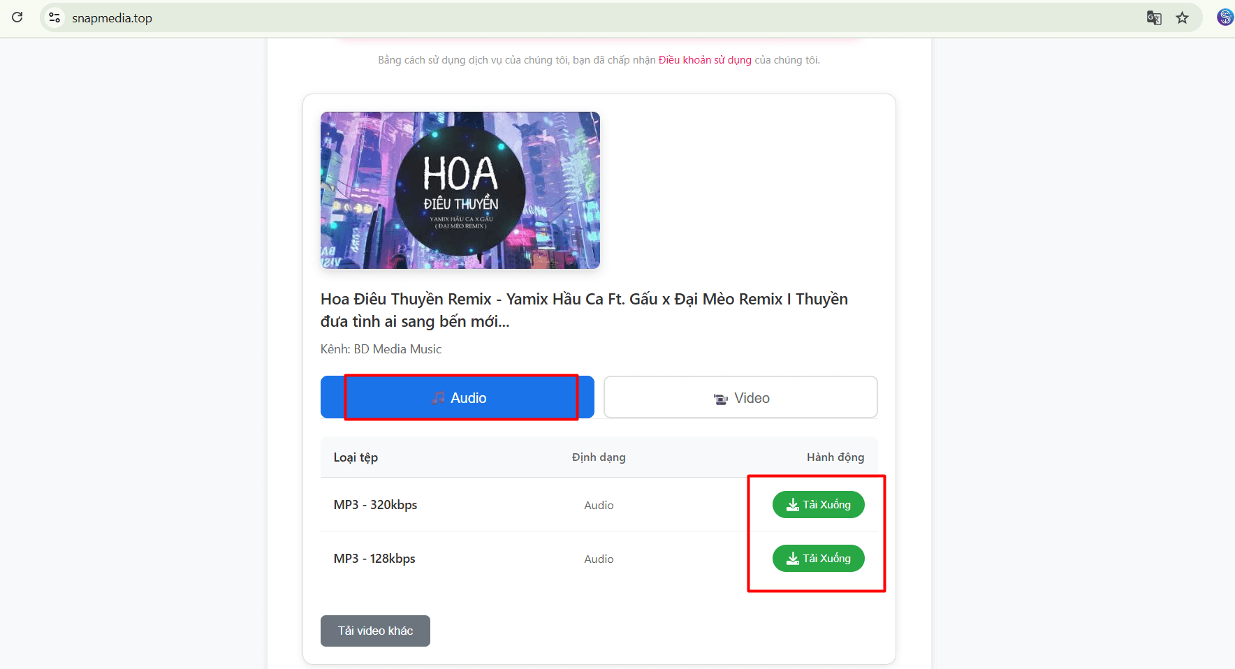 Chọn chất lượng âm thanh cần tải xuống