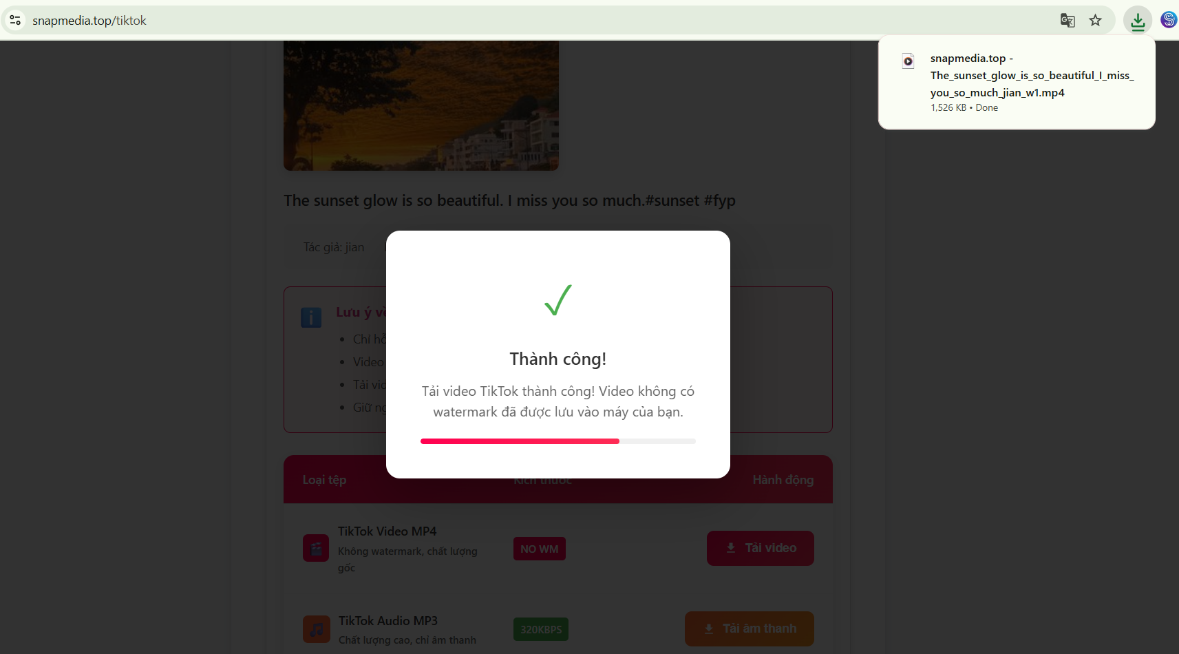 Video đã được lưu về máy