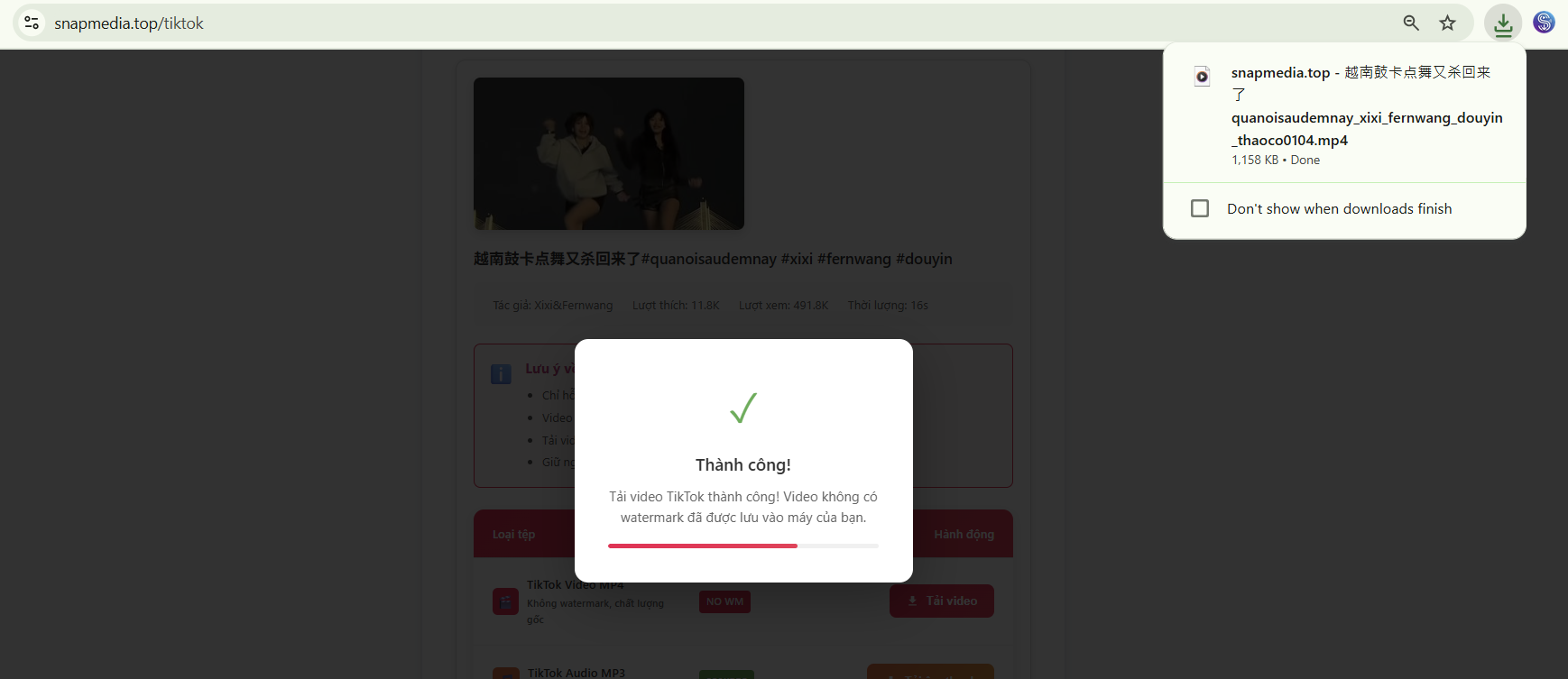 Video tiktok đã được tải xuống thành công