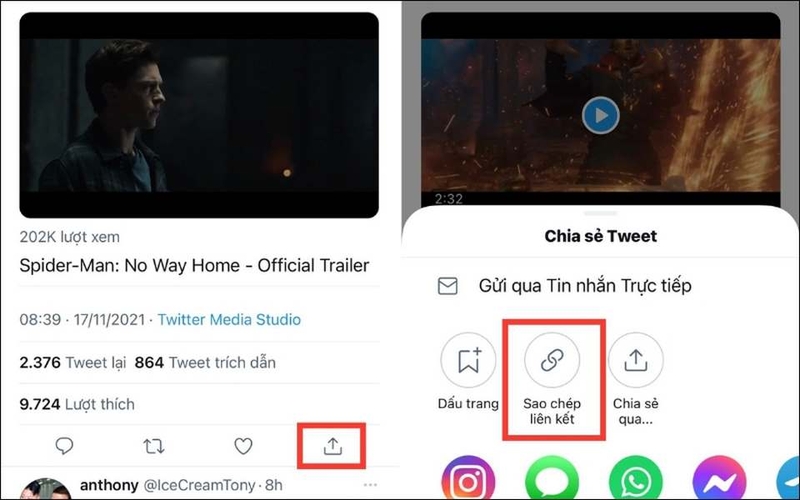 Sao chép liên kết video twitter/x