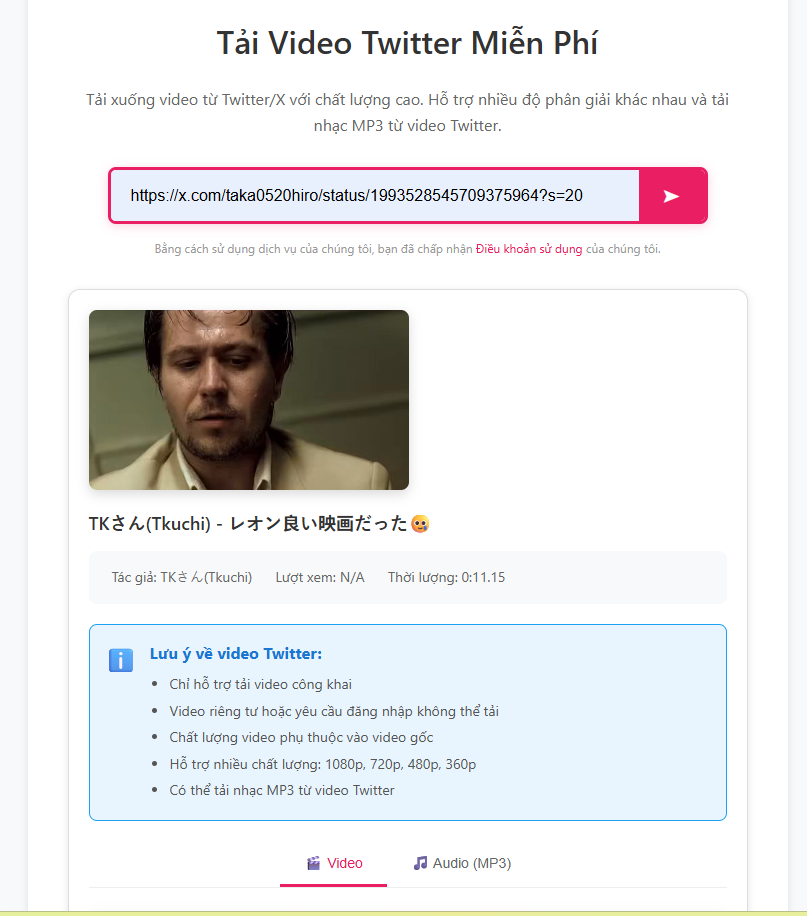 Dán link video vào và bấm Bắt đầu